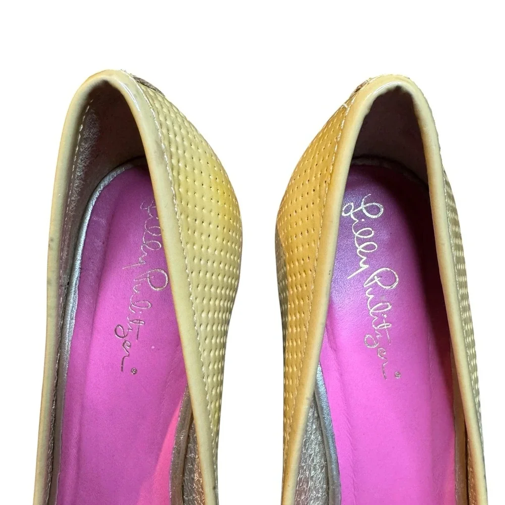 Lilly Pulitzer Shoes Womens Size 7 Beige Leather Peep Toe Espadrille Wedge Heels